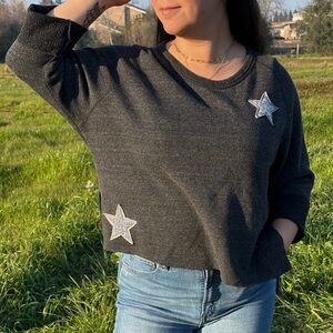 Upcycled Crewneck Sweatshirt with Silver Stars and Fringe